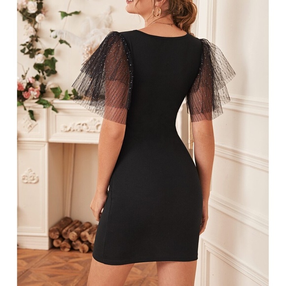 Black Layered Mesh Sleeves Bodycon Cocktail Dress - Picture 2 of 6